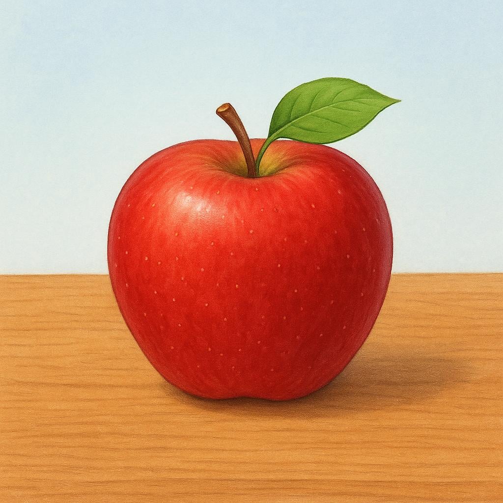 A close-up illustration of a single, perfectly ripe red apple resting on a wooden surface, emphasizing its natural texture and genuine appearance.