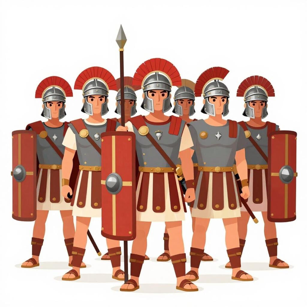 Uma fileira de soldados romanos antigos usando capacetes prateados e túnicas vermelhas, segurando escudos e lanças.