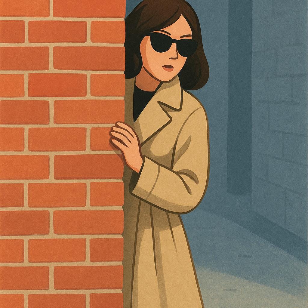 A woman in a trench coat and sunglasses peeking cautiously around the corner of a brick wall.
