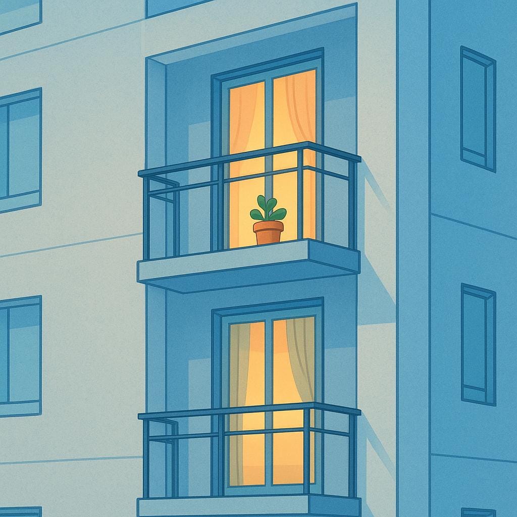 A colorful, simple illustration of a multi-story city building with a single apartment window highlighted, representing a flat or apartment.