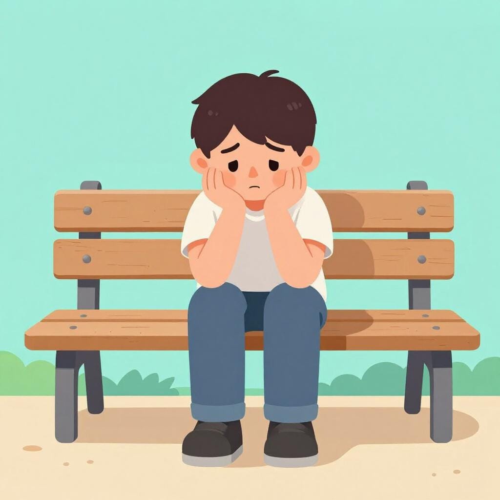 Een verdrietig personage dat op een bank zit met ingezakte schouders en een grijze wolk erboven.