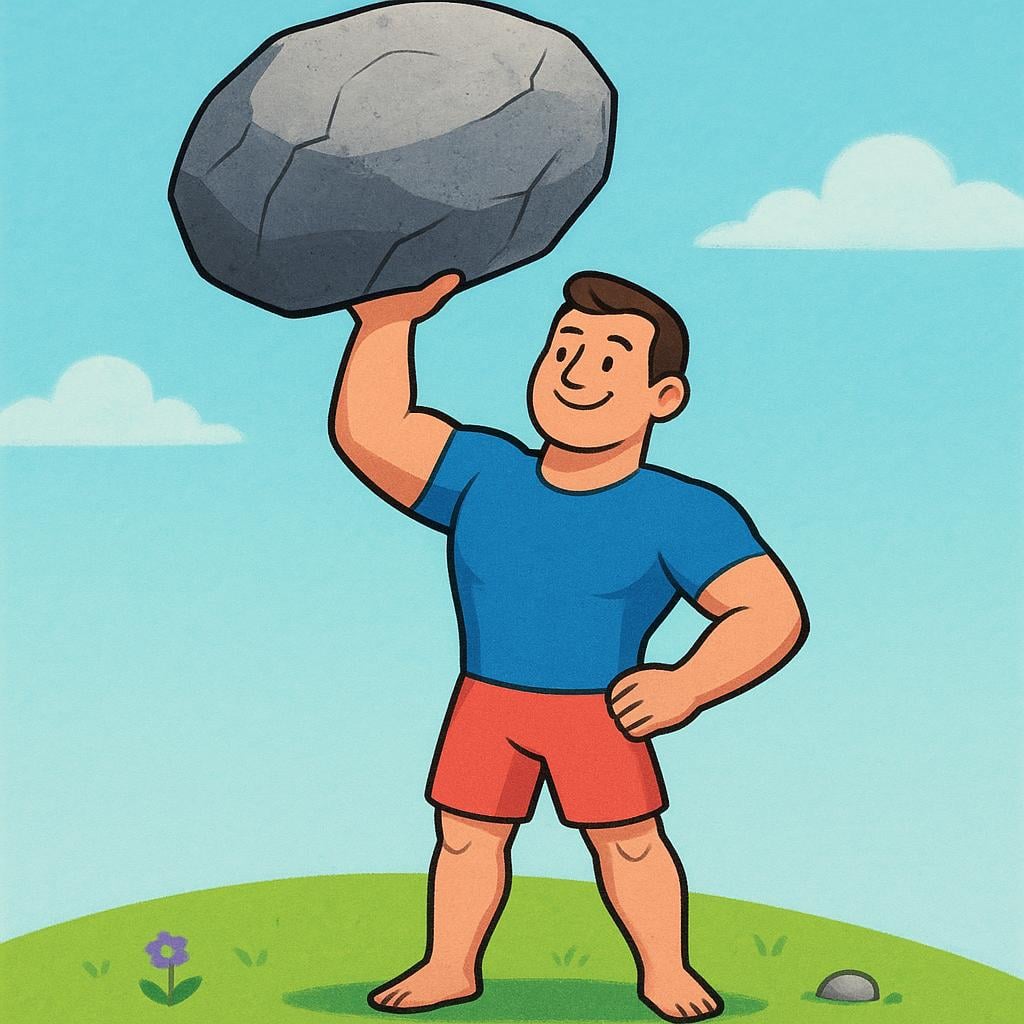 A strong person, depicted as a simplified storybook character, easily lifting a large, heavy boulder above their head, illustrating physical strength.