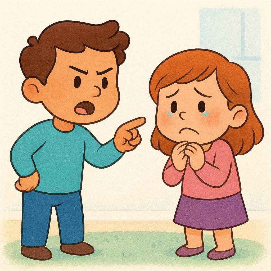 Uma ilustração simples de livro infantil mostrando um personagem de desenho animado colorido apontando um dedo acusatório diretamente para outro personagem, simbolizando o ato de culpar.