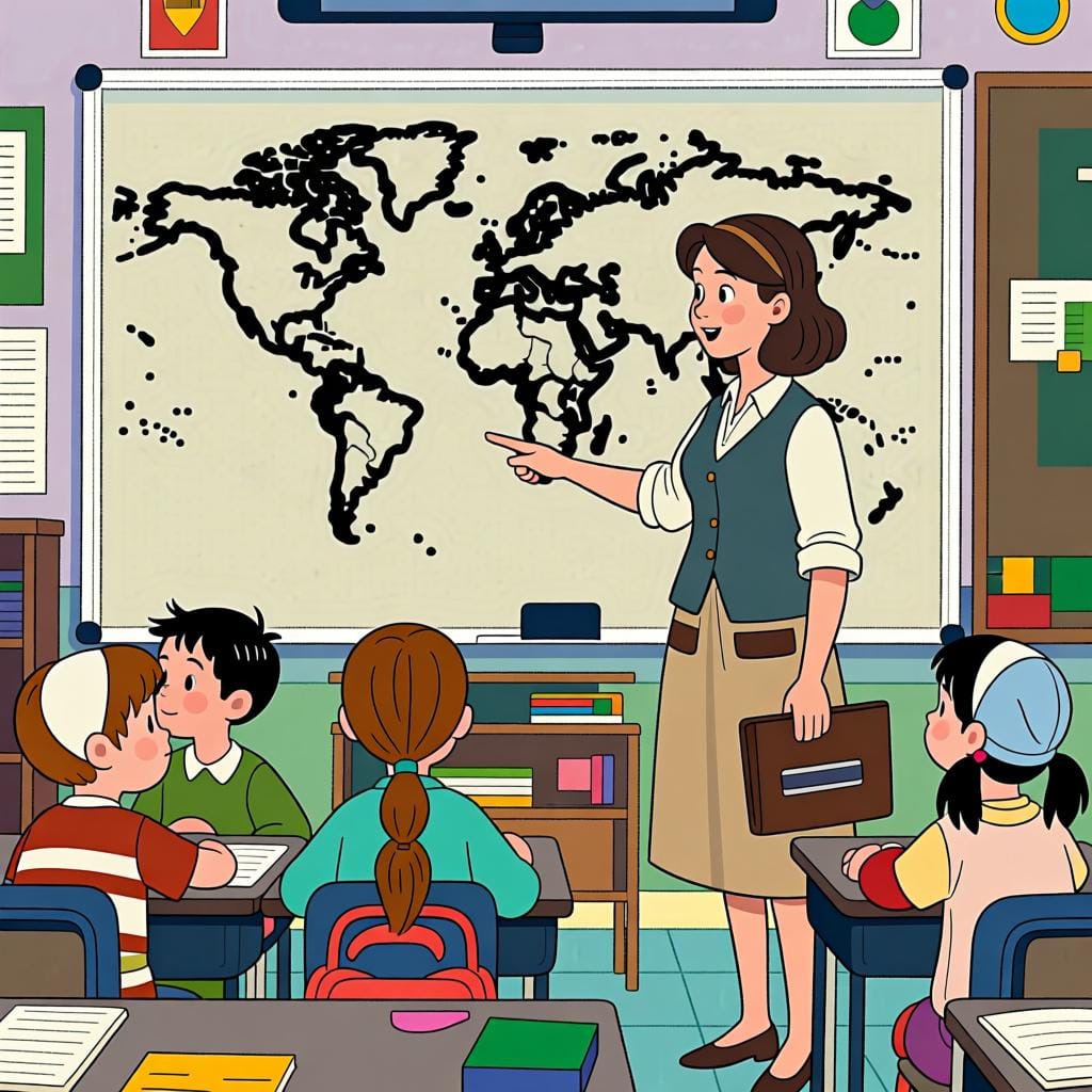 A teacher pointing to a world map on a whiteboard, explaining geography to a group of students.