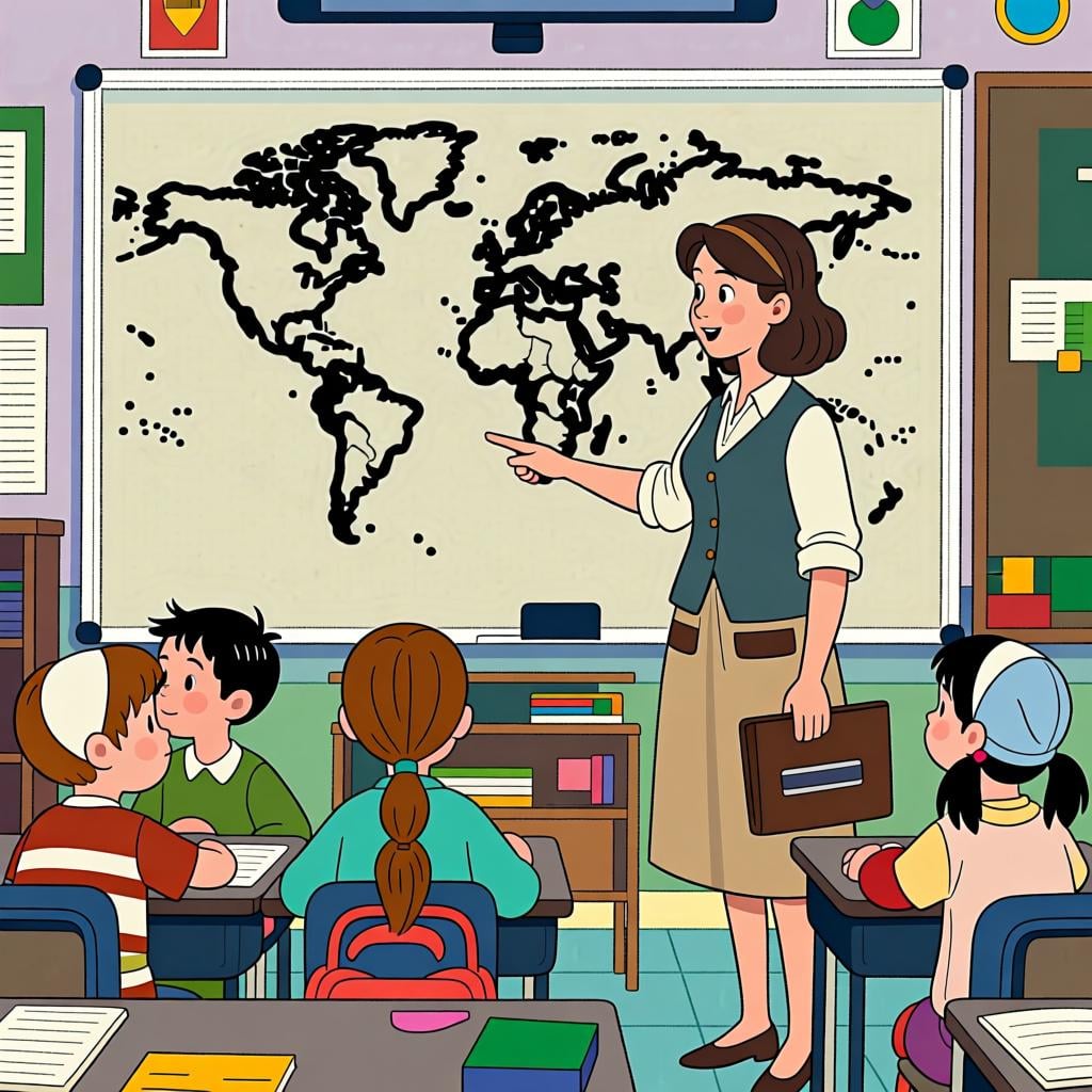 A teacher pointing to a world map on a whiteboard, explaining geography to a group of students.