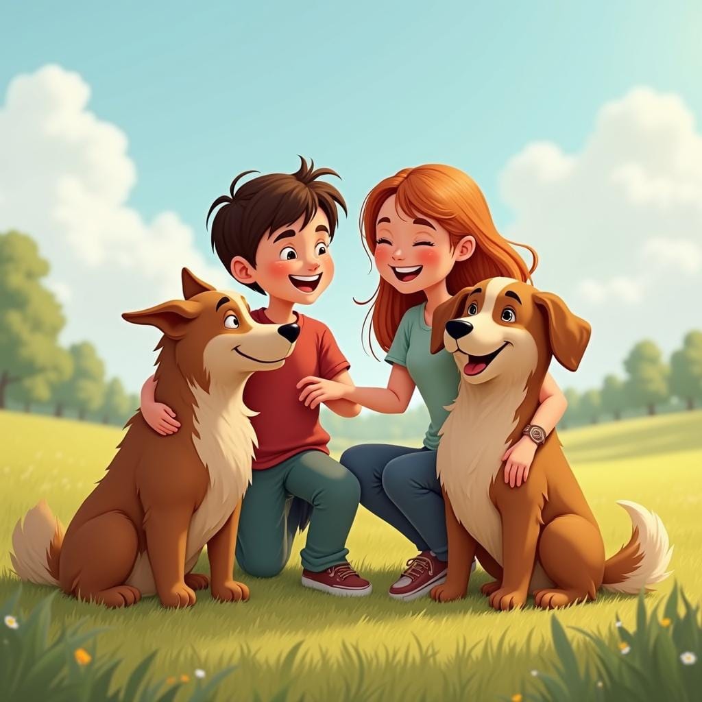 Twee lachende vrienden die twee grote, blije honden aaien in een zonnig grasveld, wat gedeeld eigendom symboliseert.