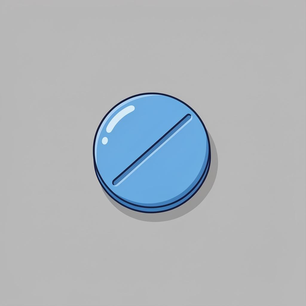 A single round blue medicinal pill on a plain surface.