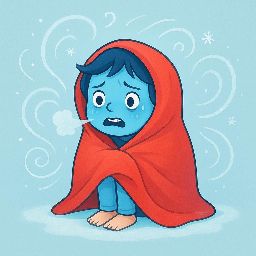 A small person sitting down and shivering violently, wrapped in a thin red blanket. The person's skin is tinged blue to show extreme cold, emphasizing feeling cold deeply.