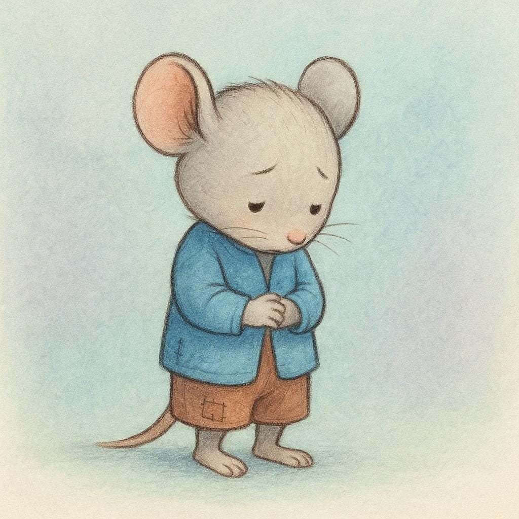 A small, friendly mouse standing awkwardly, looking down at its feet with a slight blush on its cheeks, indicating shyness.