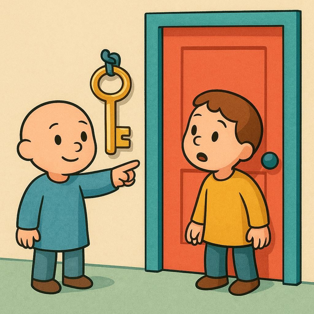 A tall character pointing decisively at a large, distinct key hanging on a hook near a door, while a shorter character standing nearby looks at the key with sudden recognition.