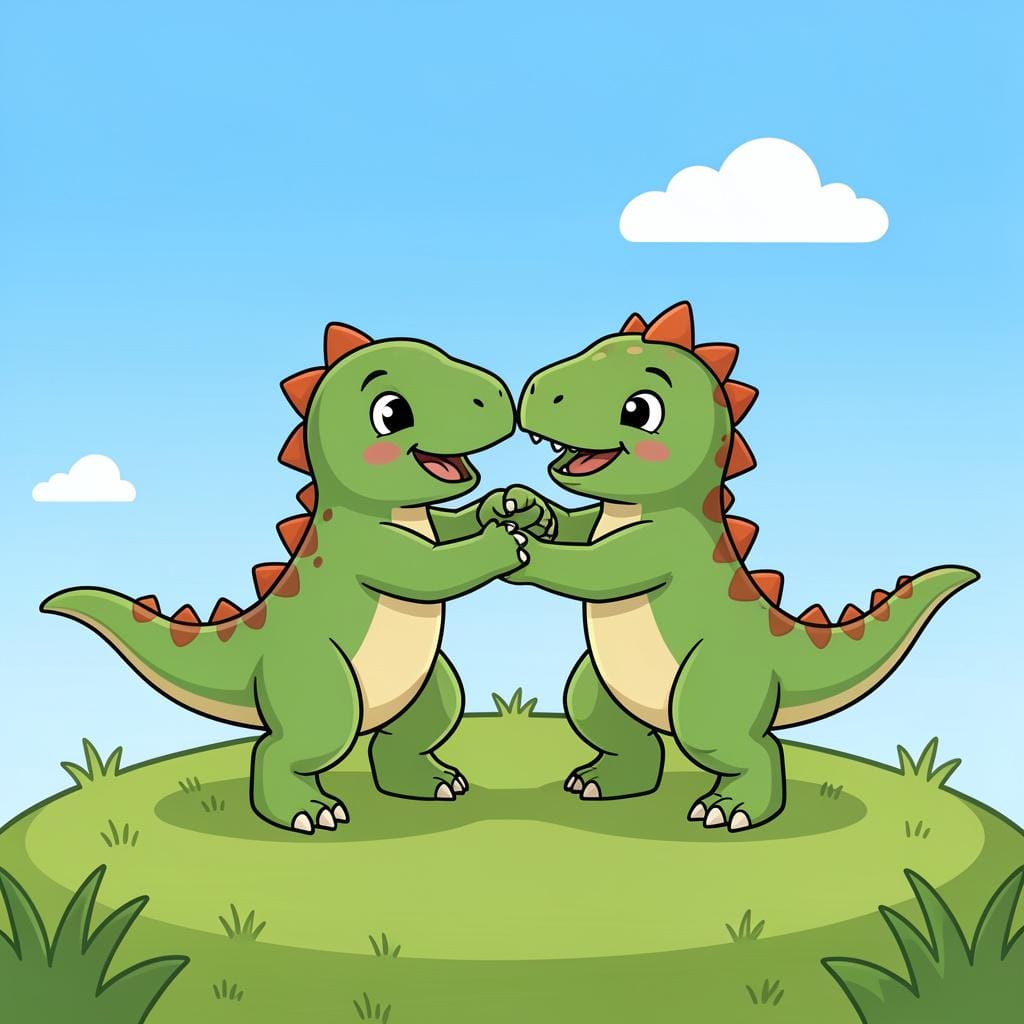 Two small, colorful cartoon dinosaurs playfully wrestling on a patch of green grass.