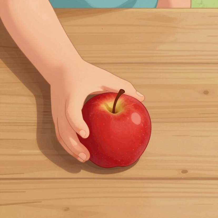 A storybook illustration showing a child's hand reaching out and grasping a bright red apple from a simple wooden table.