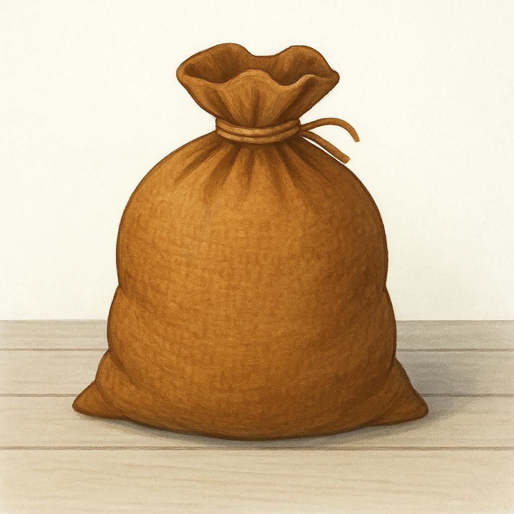 A large, brown burlap sack, filled and tied shut, resting on a wooden surface.