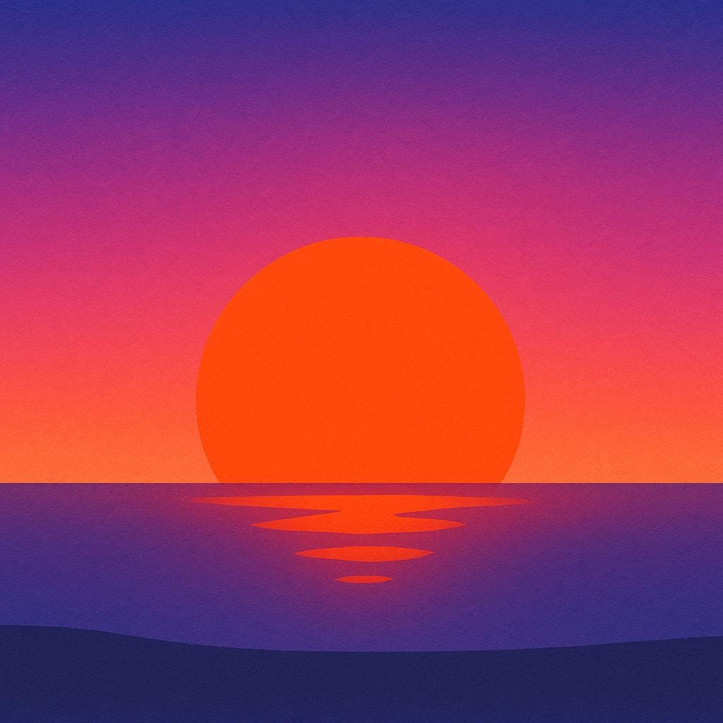 A vibrant illustration of a large orange sun setting directly over a flat horizon line, casting warm colors across the sky.