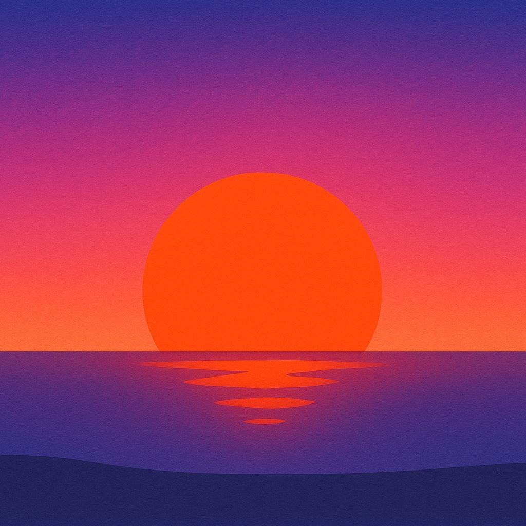 A vibrant illustration of a large orange sun setting directly over a flat horizon line, casting warm colors across the sky.