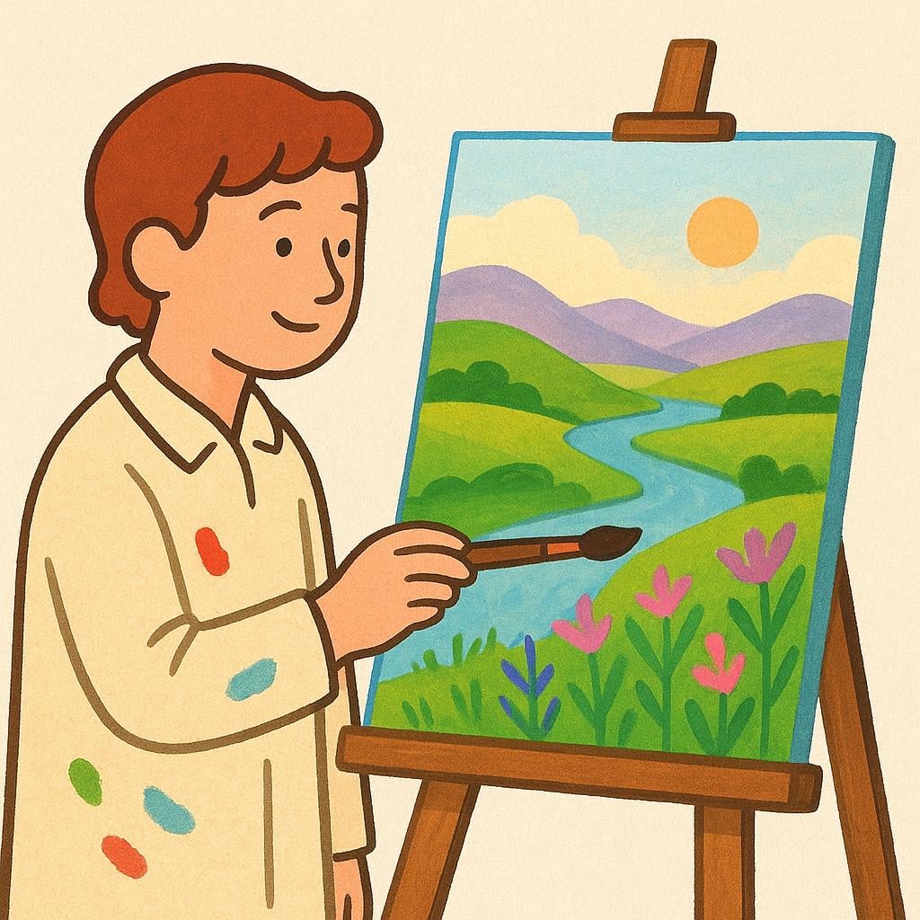 A smiling person, an artist, standing at an easel and painting a vibrant picture outdoors.