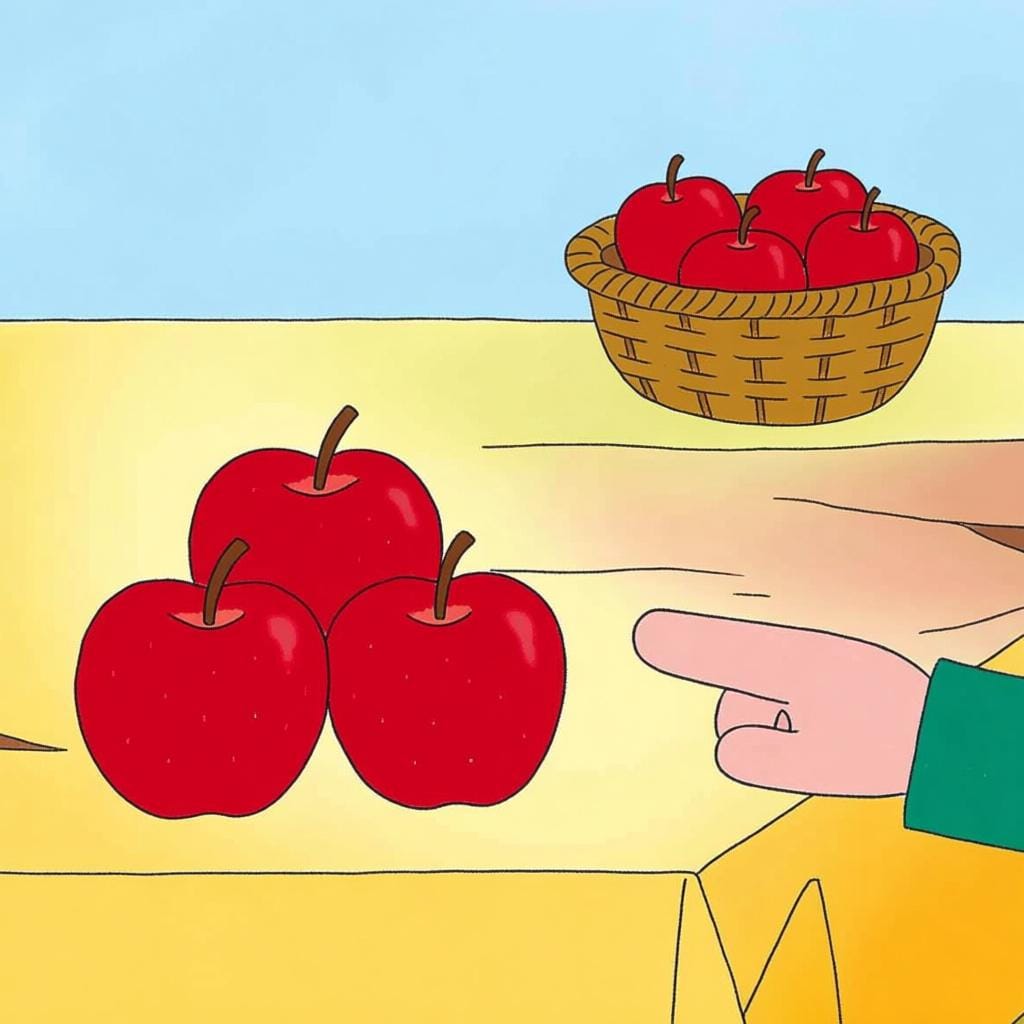 A girl pointing from a small group of chairs towards a larger, separate group of chairs, illustrating the concept of 'other' (feminine plural).