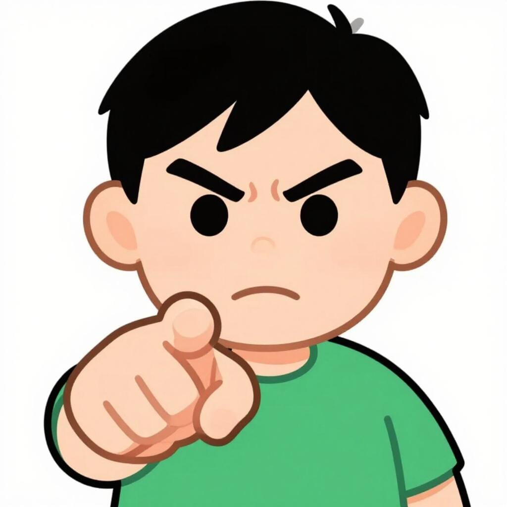 A person with a stern, angry facial expression and a pointed finger.