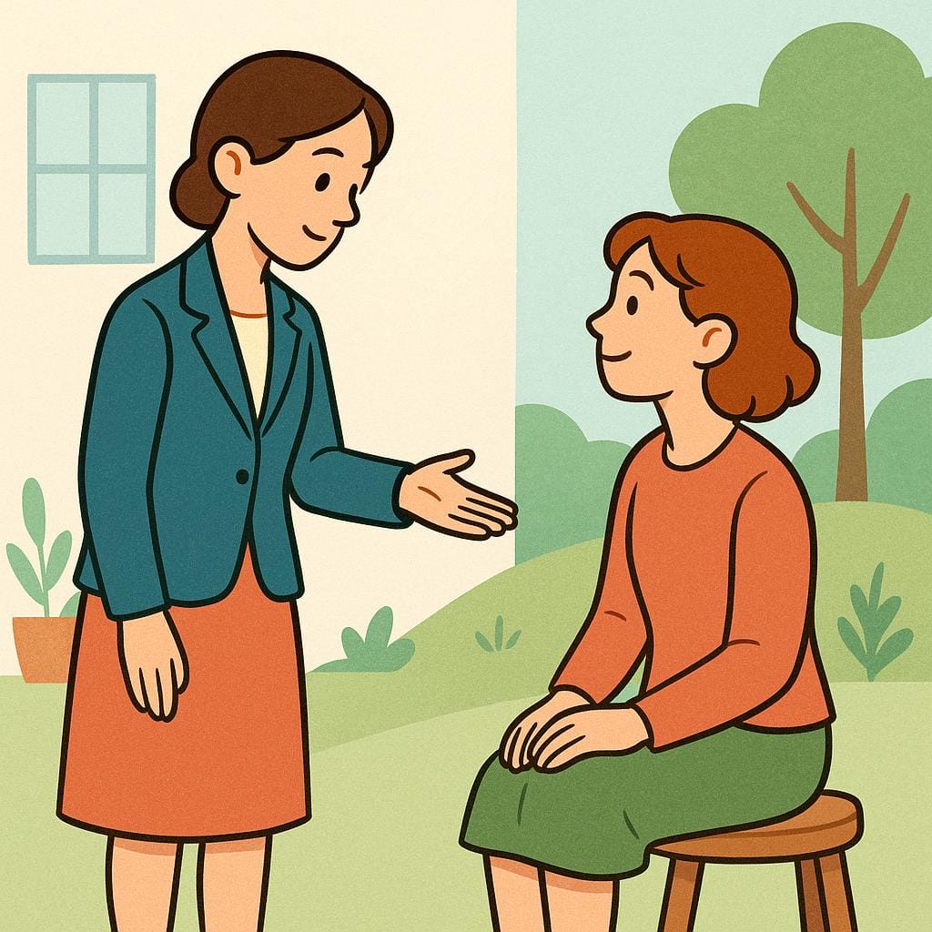 A colorful storybook illustration showing a character standing formally before a seated character. The standing character is extending an open hand in a respectful gesture of inquiry or asking a question.