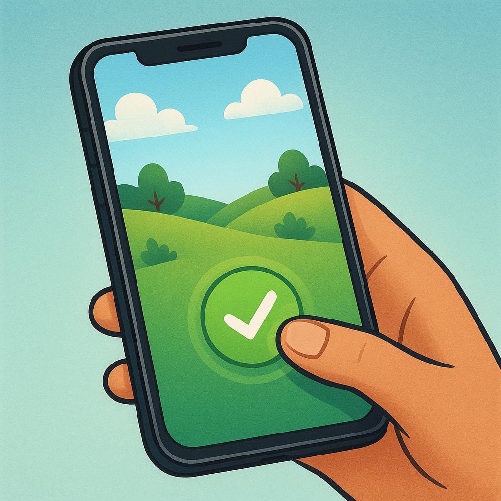 A hand holding a smartphone with a colorful photo on the screen, a finger is pressing a large green button with a checkmark.