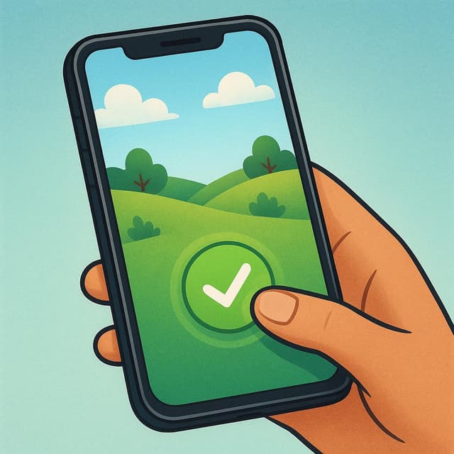 Een hand die een smartphone vasthoudt met een kleurrijke foto op het scherm, een vinger drukt op een grote groene knop met een vinkje.