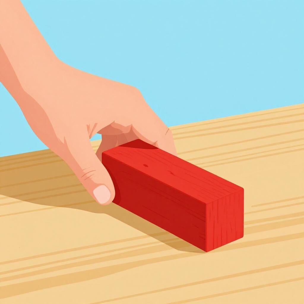 A hand pushing a small wooden block from one square on a table to another.