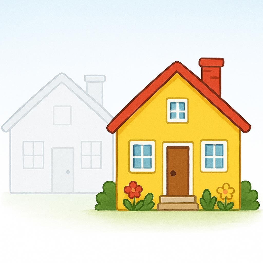 A single, charming, small house painted bright yellow with a red roof, next to a faint, dull gray outline of the exact same house structure, symbolizing its current changed state.
