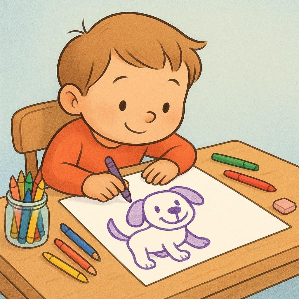 A young child sitting alone at a table, focused on drawing a picture of a dog with a purple crayon.
