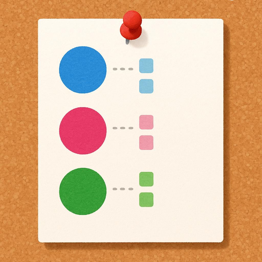 A simple visual representation of a plan or outline, showing three main points with two indented sub-points under each, drawn on a clean piece of paper.