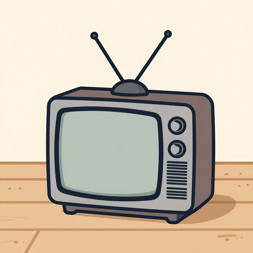 Ein staubiger, altmodischer klobiger Fernseher steht allein in einer Ecke, während moderne Gegenstände weit entfernt sind.