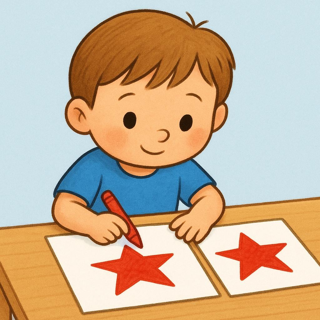 A simple cartoon child holding a crayon, drawing a large red star on a piece of paper while referencing an identical, completed red star on a neighboring paper, illustrating the action of copying.