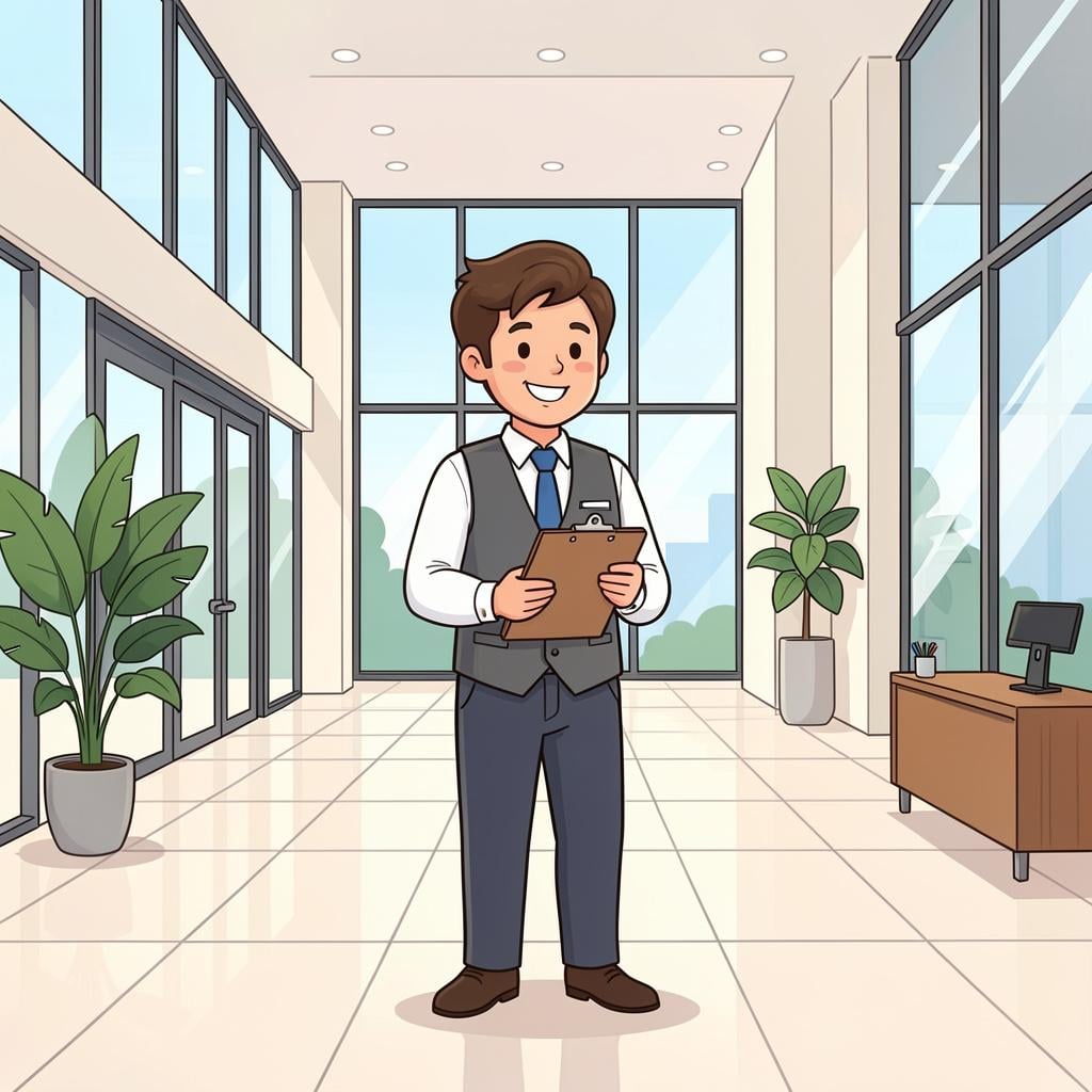 A person wearing a professional vest standing in a bright office lobby holding a clipboard and greeting people.