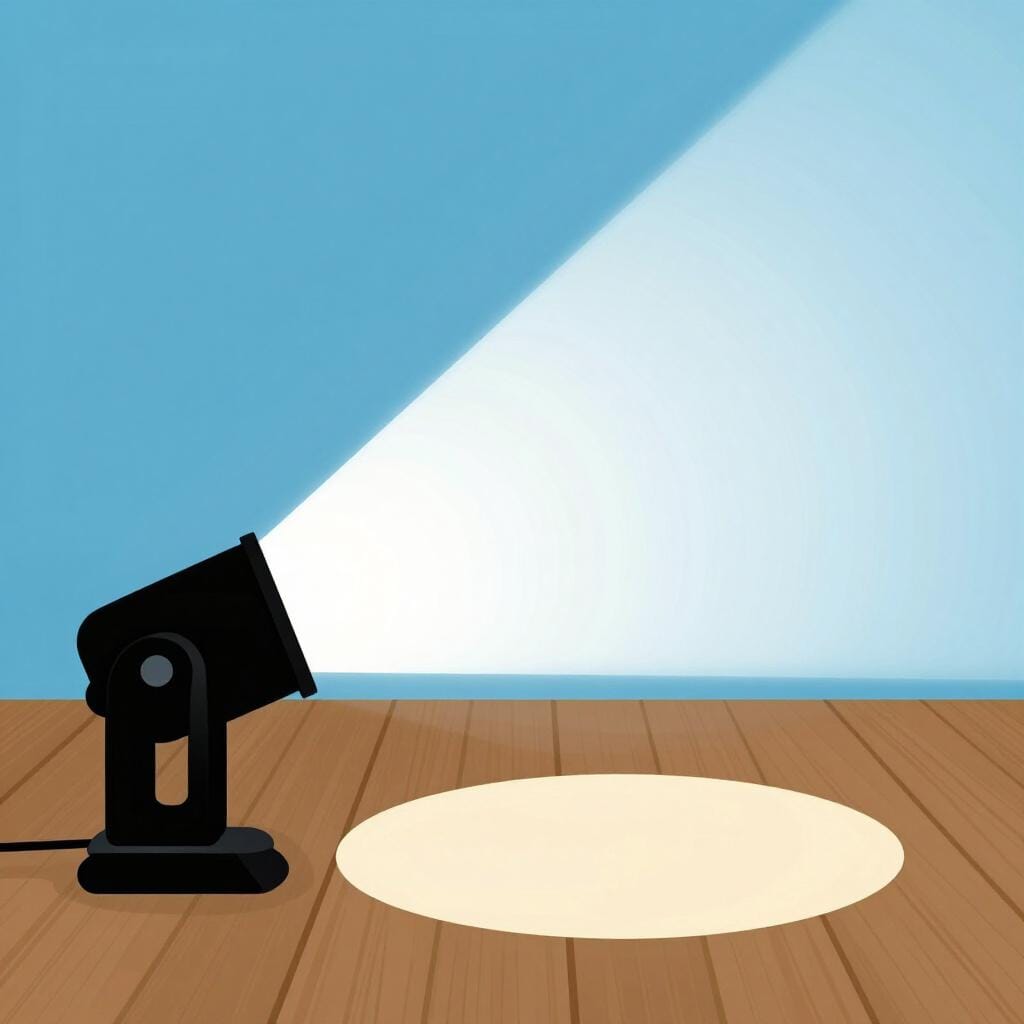 A large theater spotlight shining a bright beam of light downwards.