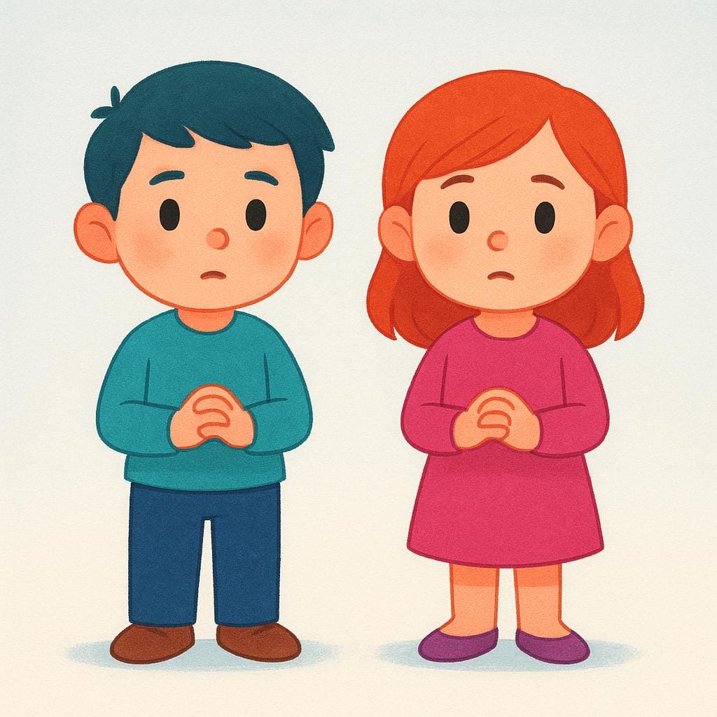 A colorful storybook illustration showing two simple, friendly characters standing side-by-side, holding hands, and looking forward with focused expressions, indicating they are prepared to speak or announce something together.
