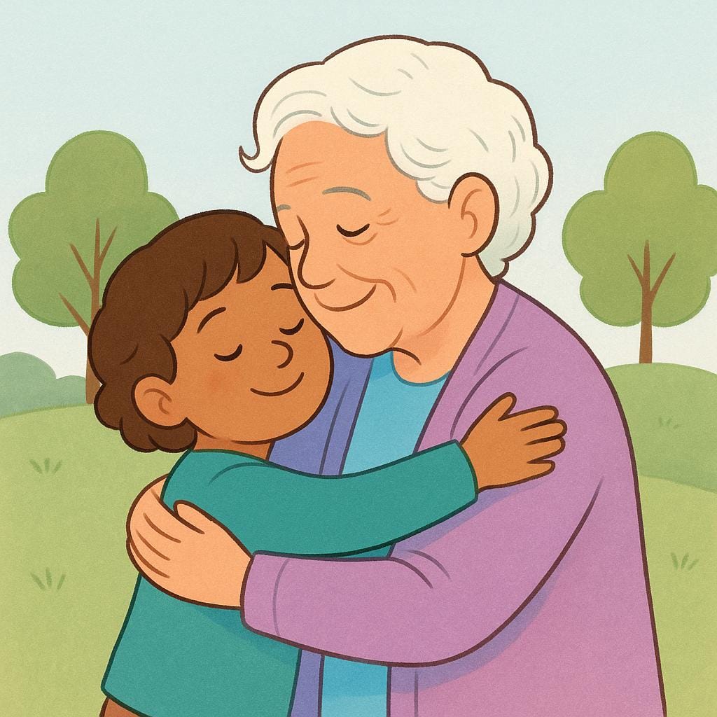 A colorful illustration of a young child hugging an older adult (a grandparent figure) affectionately.