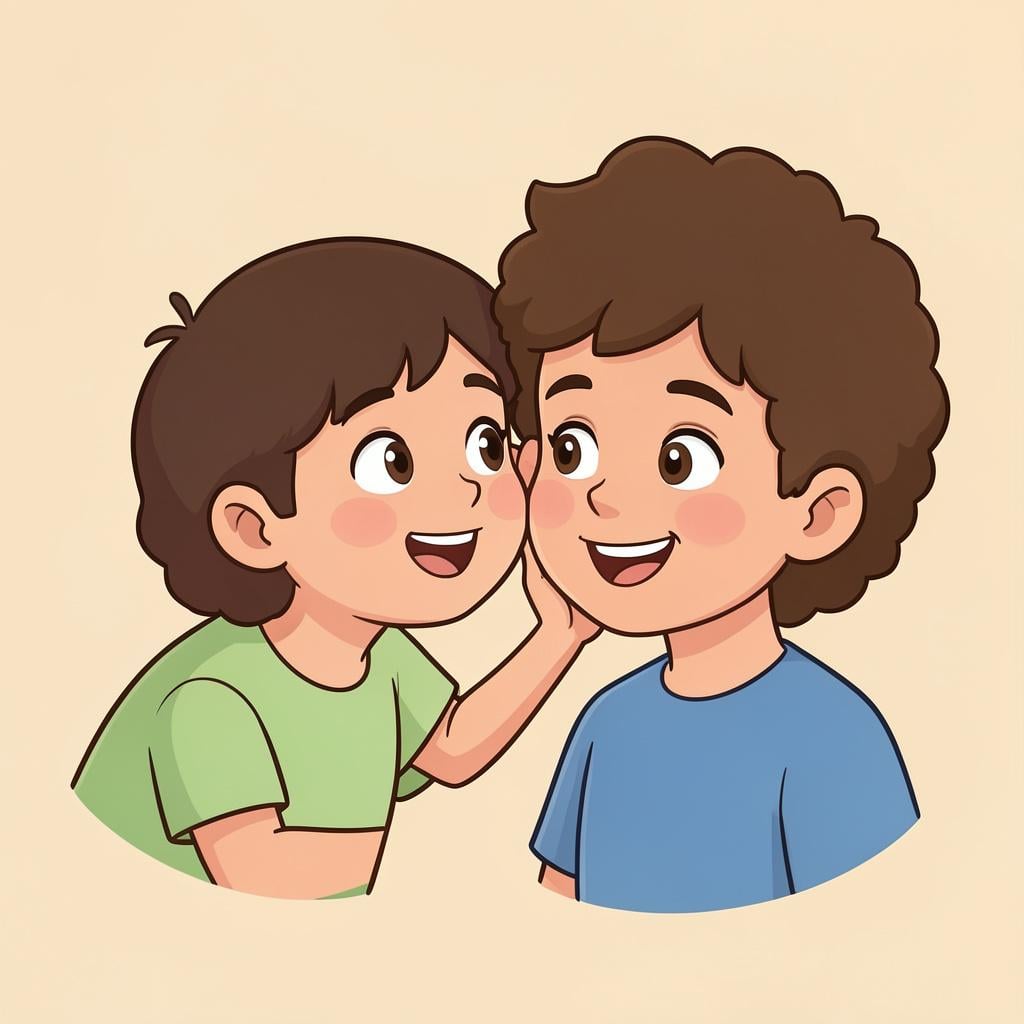 A friendly person whispering a secret into the ear of a smiling friend who is listening closely.