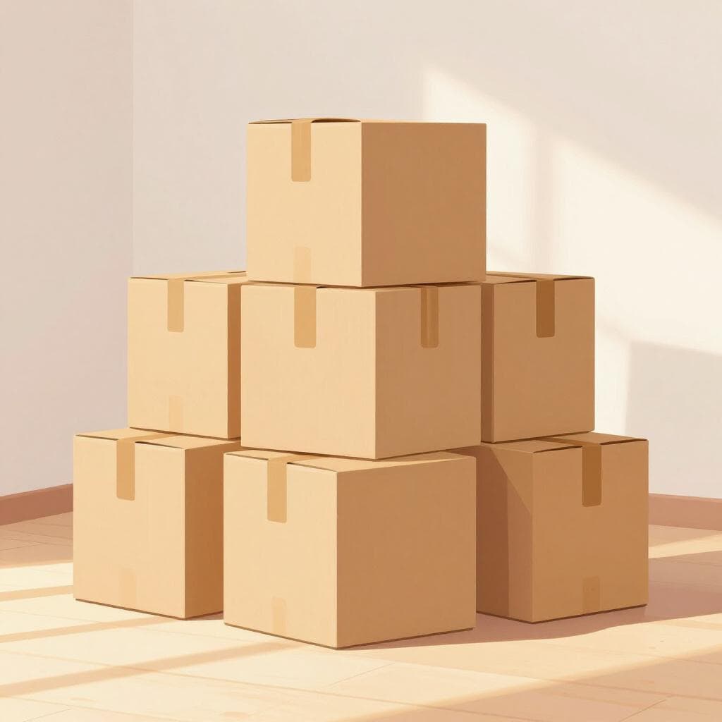 Une pile de cartons avec une petite plante verte sur le dessus, dans une pièce vide.