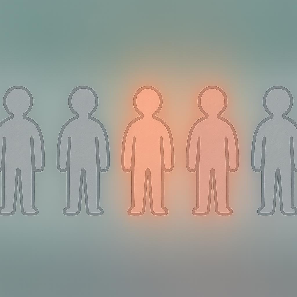 A row of five identical, simplistic human silhouettes. Two of the figures are subtly highlighted with a soft yellow glow, indicating they are 'certain' but unspecified individuals.
