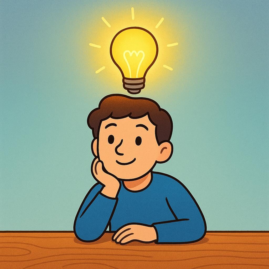 A person with a bright yellow glowing lightbulb hovering above their head, smiling as they have a sudden realization.