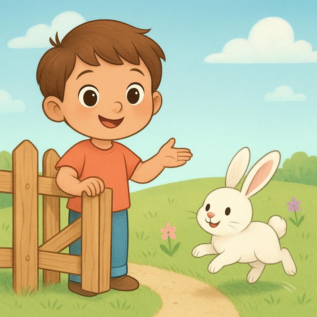 A child holding a wooden gate open to permit a friendly rabbit to pass through a fence.