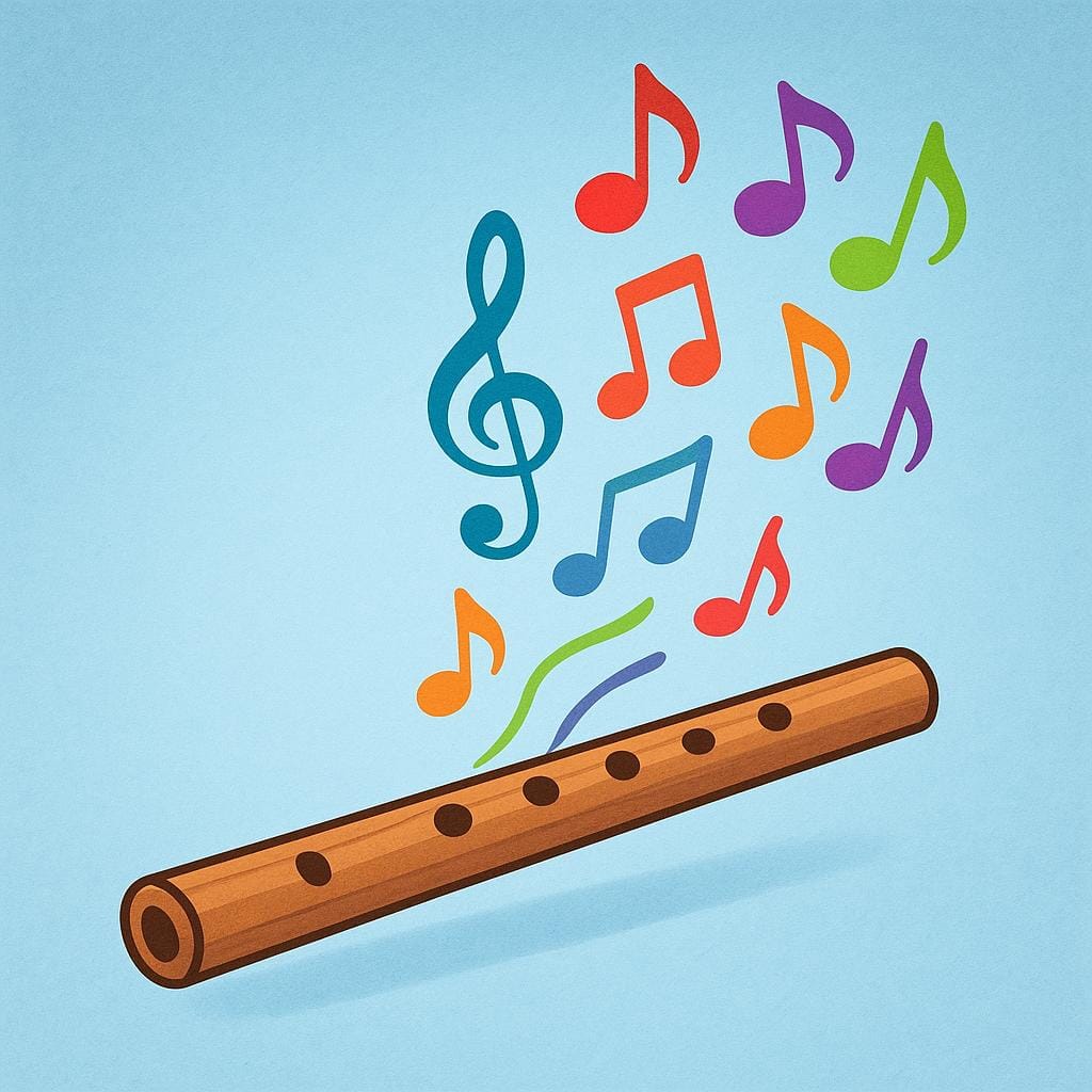Colorful musical notes floating out of the end of a simple wooden flute.