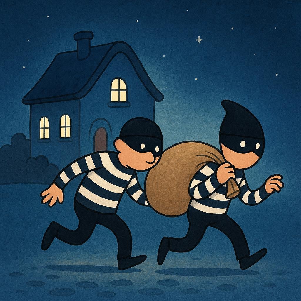 An illustration showing two cartoon-like figures in black and white striped outfits sneaking away carrying a large burlap sack.