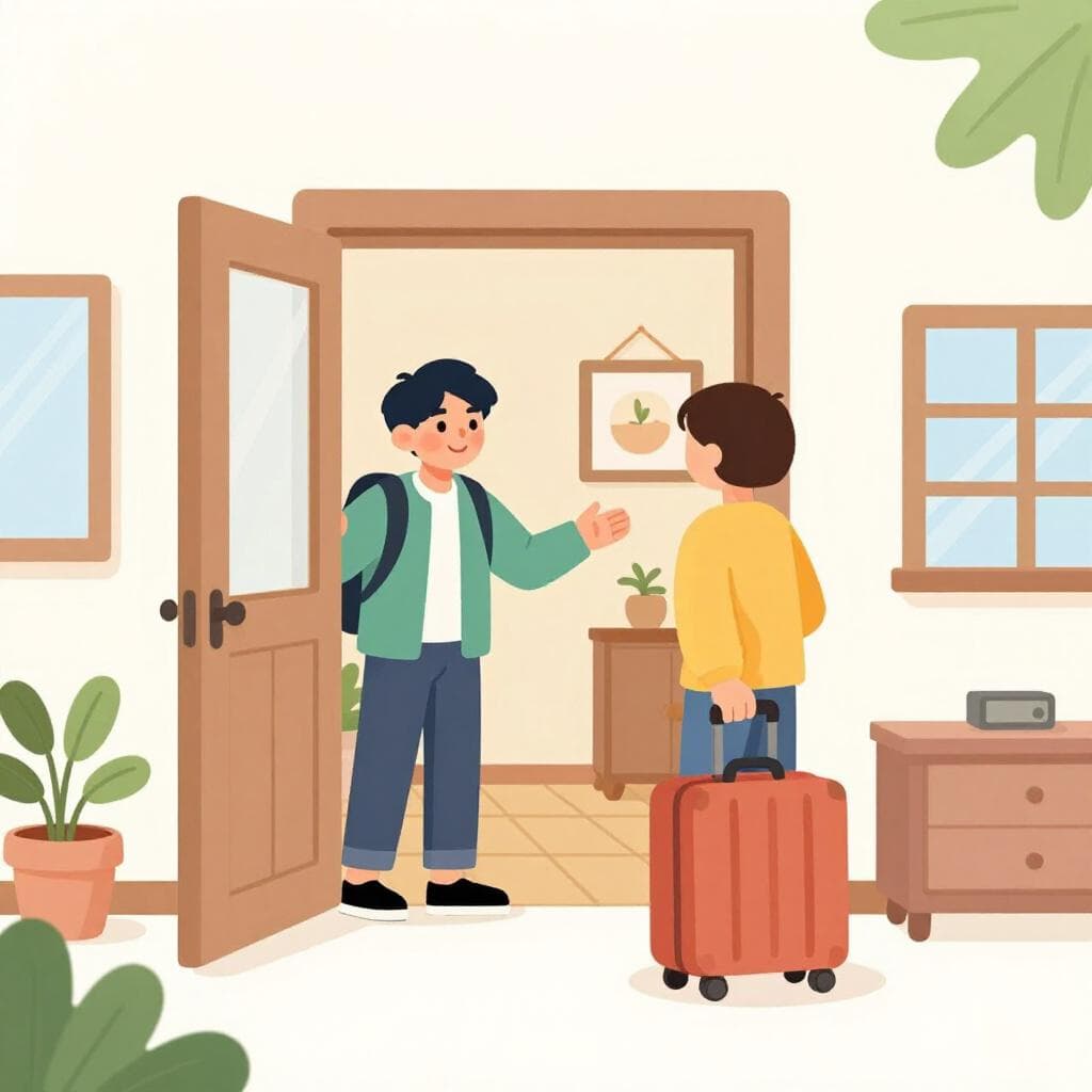 Une personne sympathique se tenant à une porte d'entrée ouverte, accueillant un invité avec une valise dans une maison confortable.