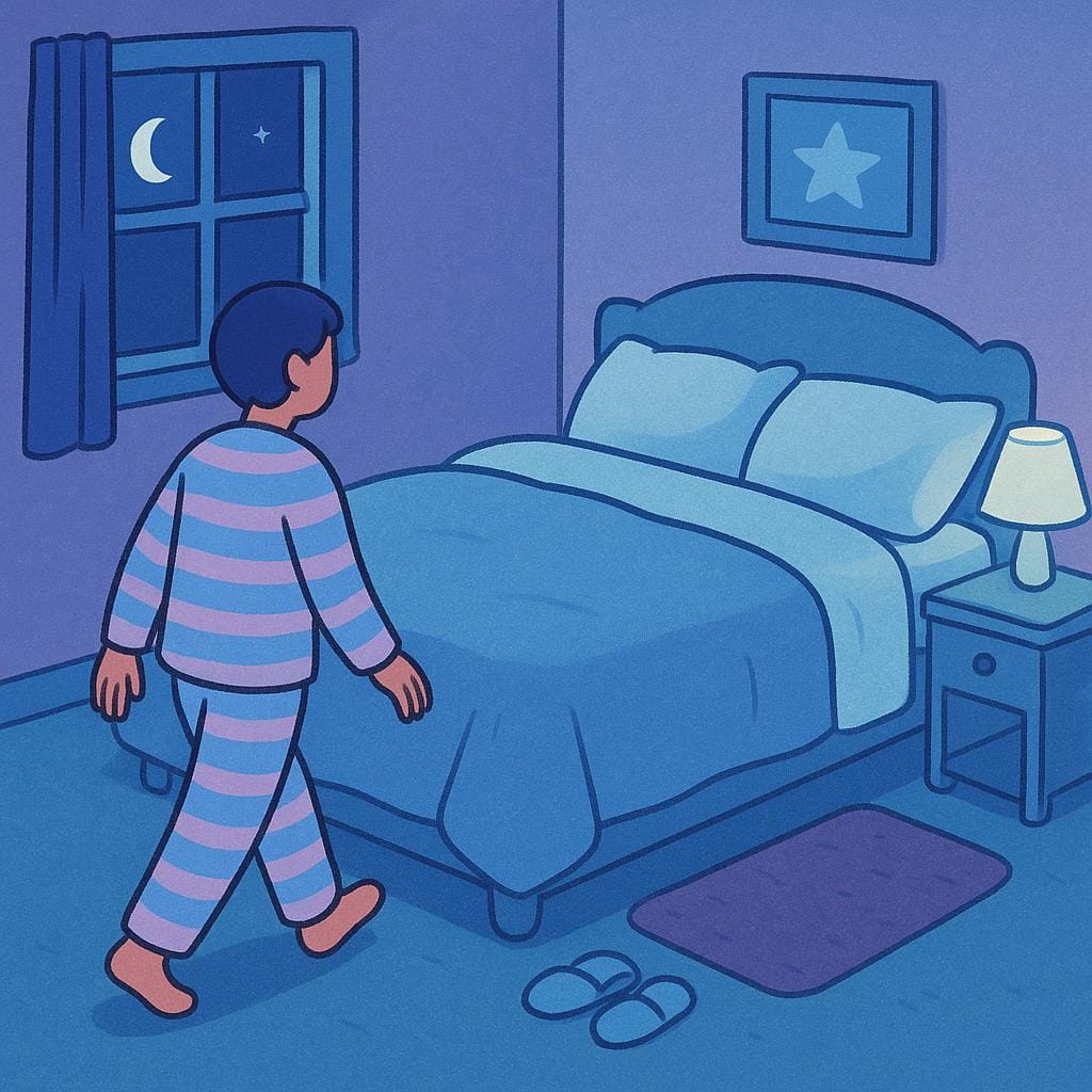 Uma cena de quarto tranquila e aconchegante mostrando uma pessoa de pijama caminhando em direção a uma cama grande e convidativa pronta para dormir.