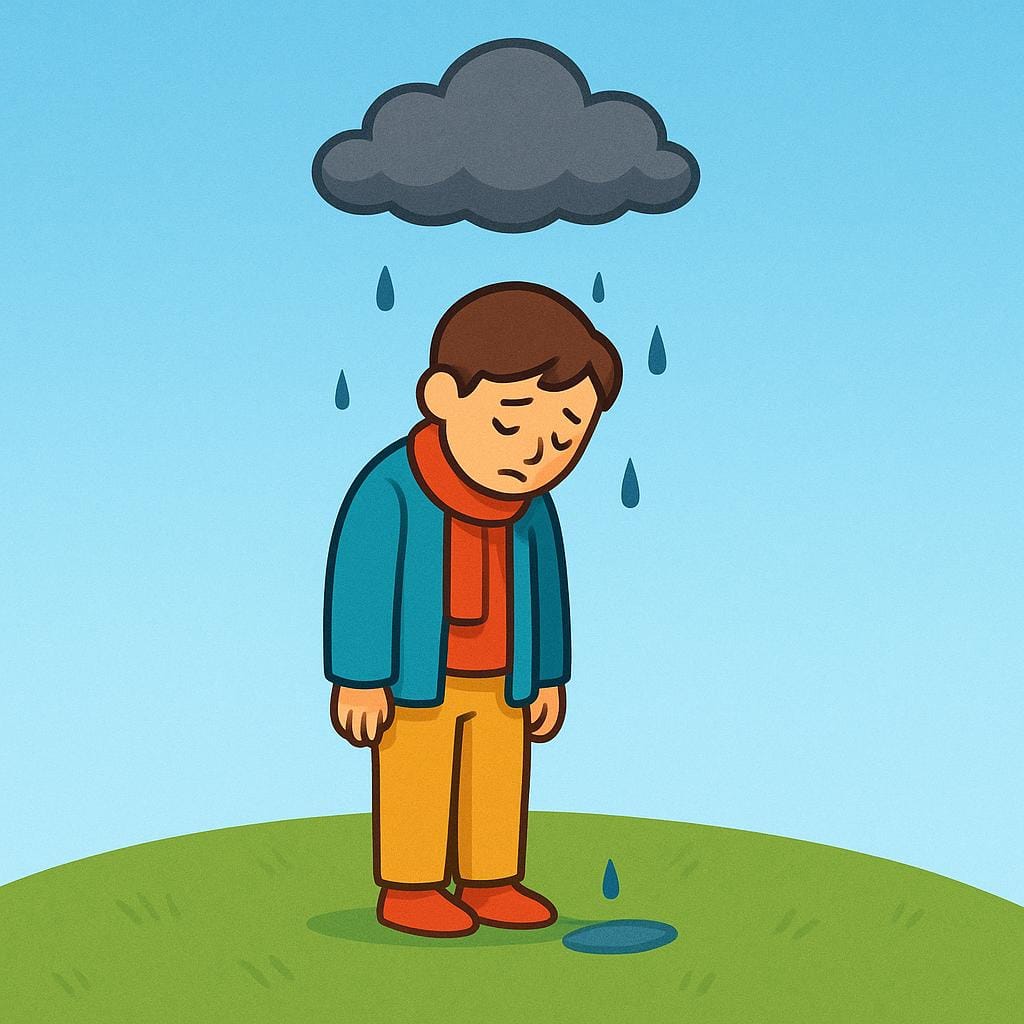 A person standing alone on a small hill under a rainy cloud, looking weary.