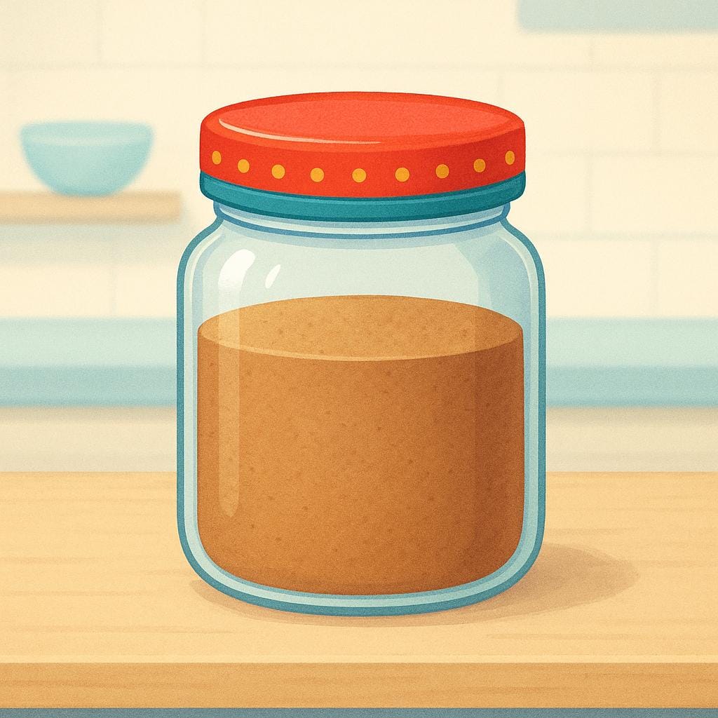 A clear glass jar containing a uniform brown powder mix, sealed with a lid, representing a ready-made preparation.