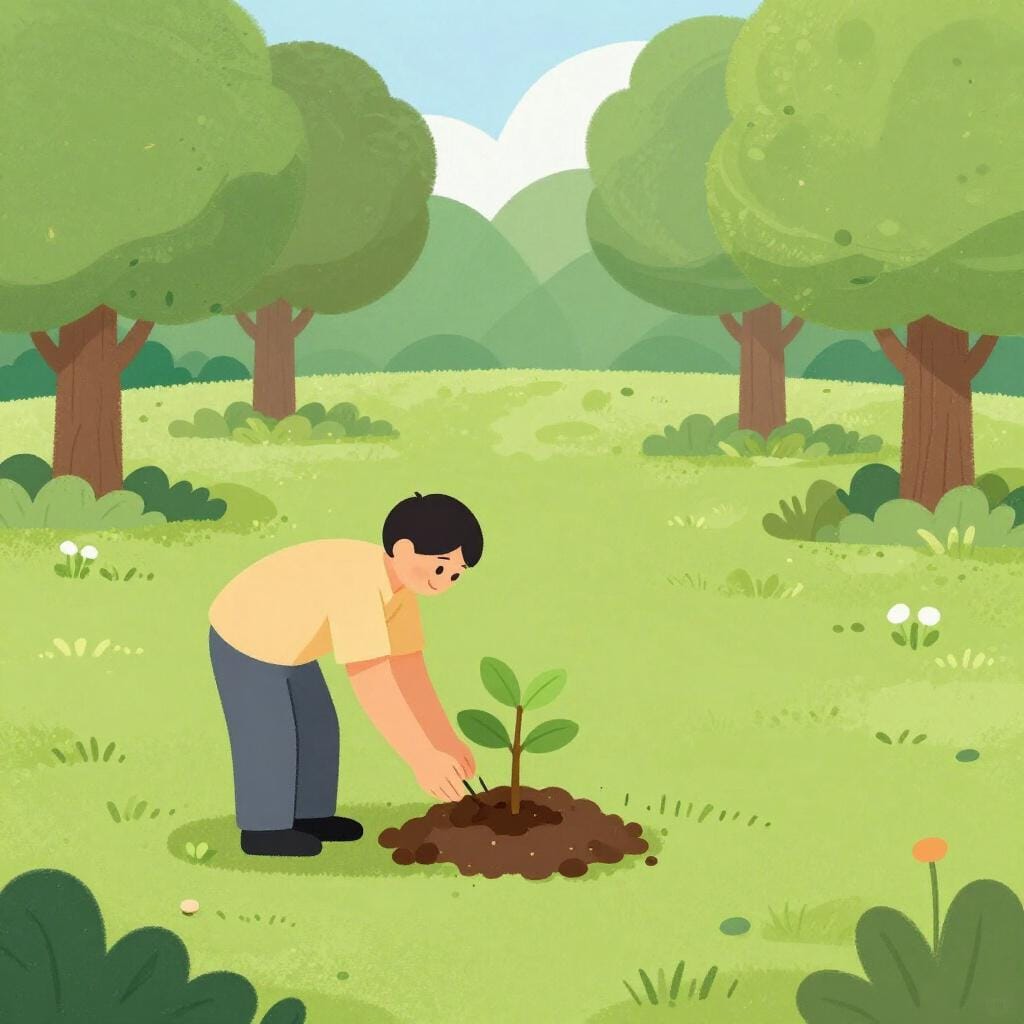 A vibrant green park being replanted with small trees and flowers where there was once bare dirt.