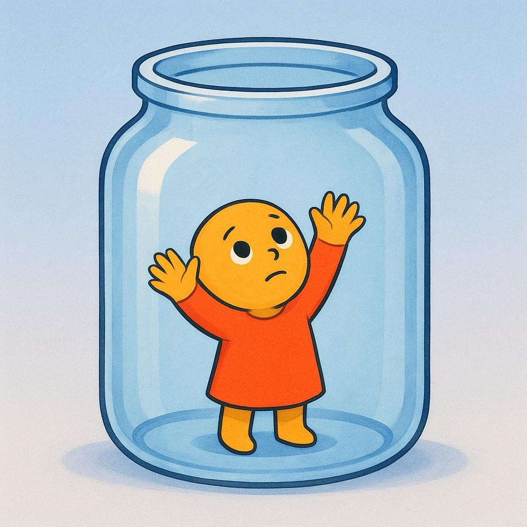 A simple, brightly colored storybook character is confined within a tall, clear glass jar, signaling for help with its hands reaching toward the opening.