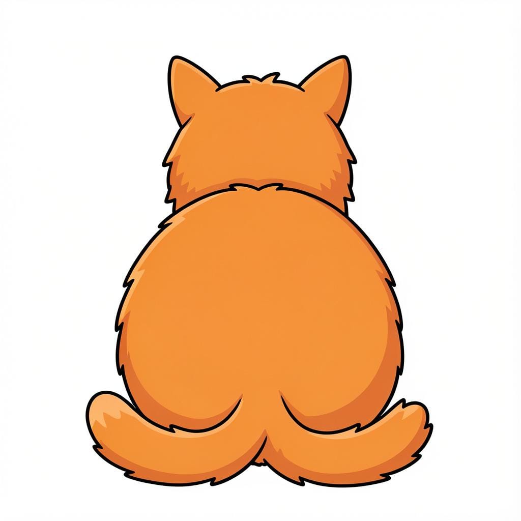 A simple storybook illustration of a round, fluffy orange cat sitting with its back to the viewer, showing its round rear.