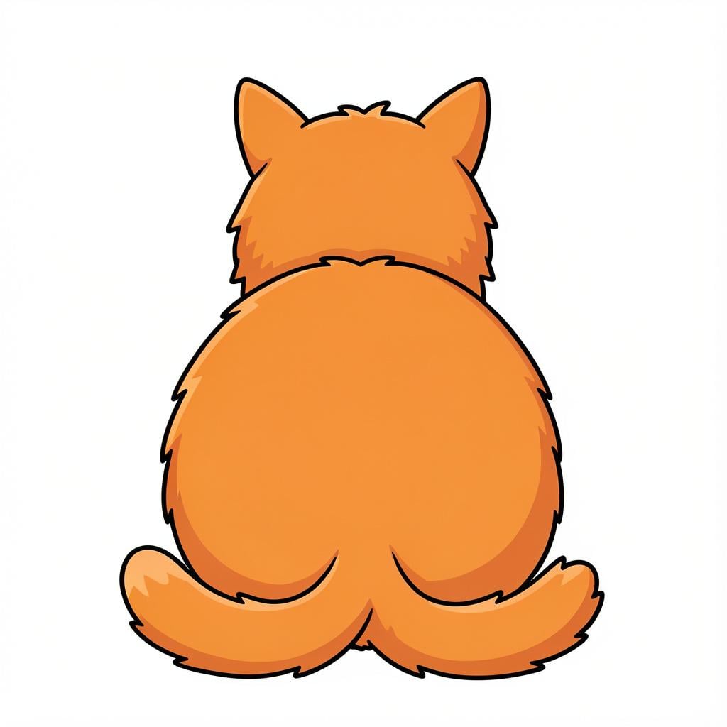 A simple storybook illustration of a round, fluffy orange cat sitting with its back to the viewer, showing its round rear.